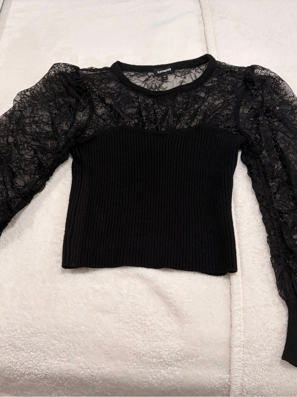 Express Black Lace Puff-Sleeve Ribbed Knit Top